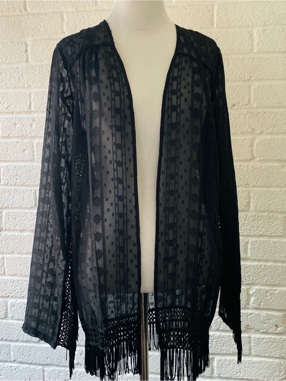 Lily White Black Sheer Polka-Dot Fringe Open Front Cardigan New Whimsigoth Small